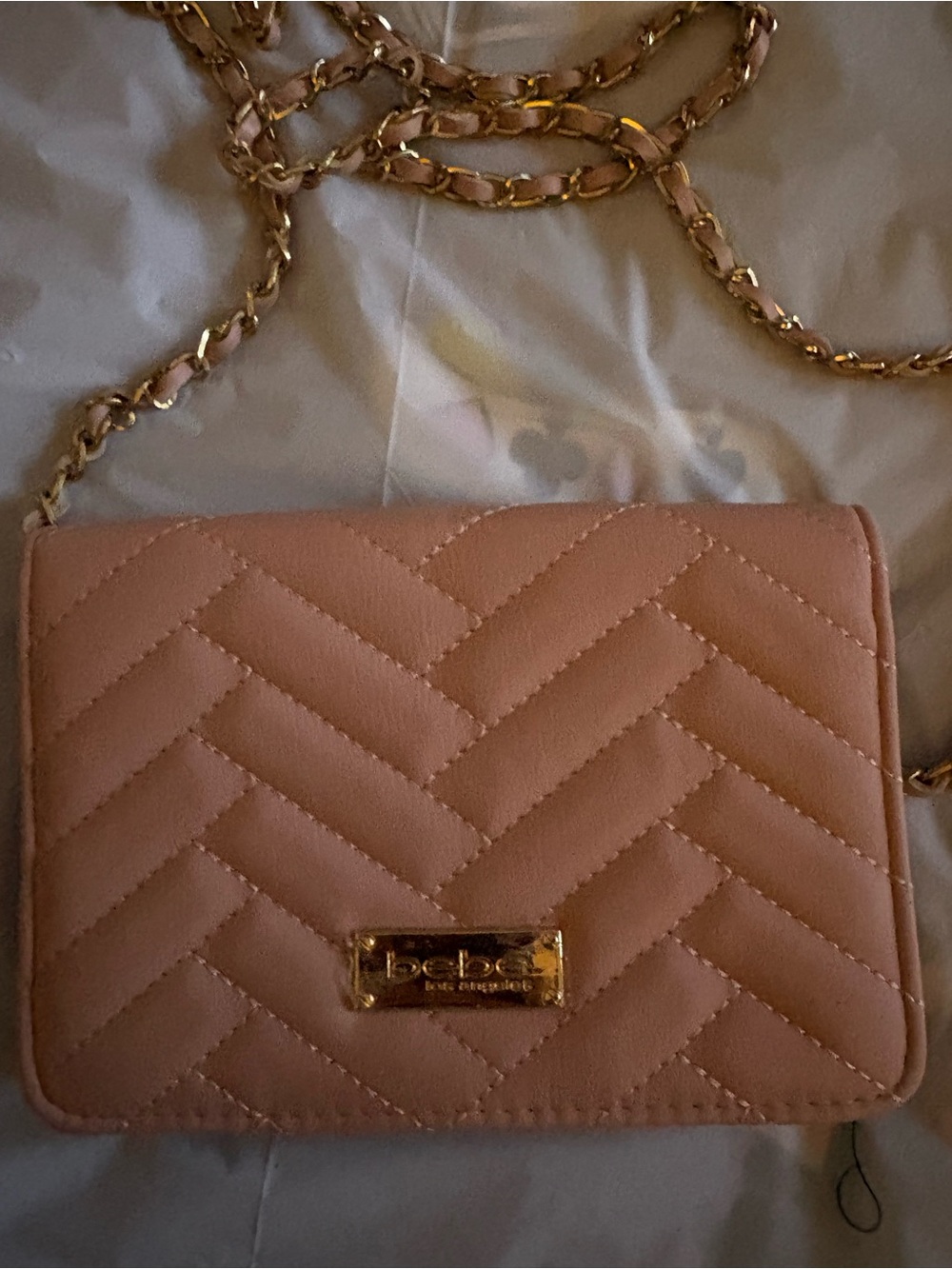 bebe Quilted Blush Crossbody Bag with Gold Chain